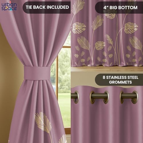 Image of Urban Space 100% True Blackout Curtains for Door, Gold Foil Printed Blackout Curtains, Blackout Decorative Door Curtain Eyelet with Tieback, 1 Piece Curtain for Living Room(Aurika Mauve, 8 Feet)