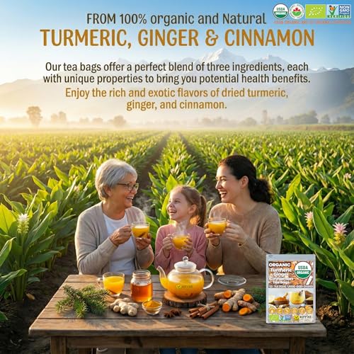 Image of USDA Organic Turmeric Ginger Cinnamon Tea Bags (50 Count) n Supports Digestion, Brain, Skin, Sleep & Joint Mobility n Eco-Conscious, Caffeine-Free & Sugar-Free Herbal Wellness Tea n Vegan, Non-GMO Natural Root Blend