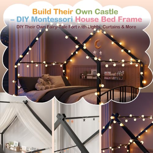 Image of Garvee Twin Size House Shape Bed Frame with Rail, Black