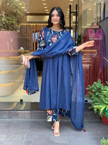 Image of GoSriKi Women's Rayon Viscose Anarkali Printed Kurta with Pant & Dupatta