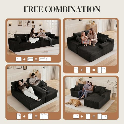 Image of 108 inch L Shaped Cloud Boneless Sectional Couches for Living Room, Modern Comfy Modular Deep Seat Memory Foam Compressed Corduroy Sofa Oversized Right Facing Chaise, No Assembly Required, Balck