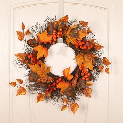 Autumn Wreath for Front Door 45cm Artificial Maple Leaf Berries Wreath Autumn Harvest Wreaths for Fall Thanksgiving Halloween Decorations