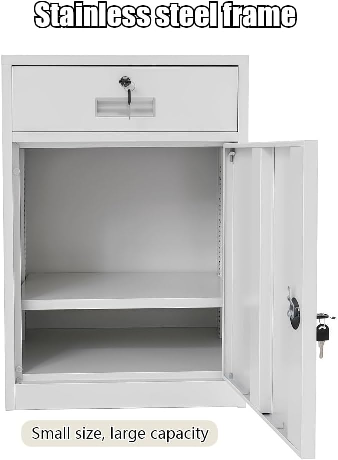 Lockable Metal File Cabinet with Drawer, Floor-Standing Filing Cabinet with Adjustable Shelf, Under Desk Storage Box for Home Office, Bedroom, Study, White(White,2 Draws)
