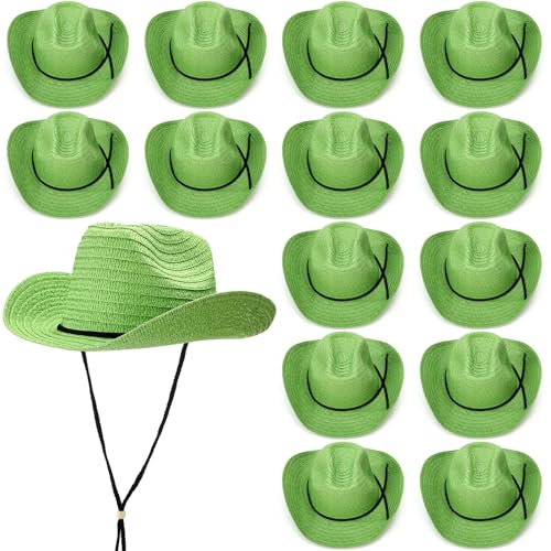 JaGely 15 Pcs Straw Cowboy Hats Wide Brim Summer Hat Women Men Country Accessories for Western Themed Party Concerts Birthday (Green)
