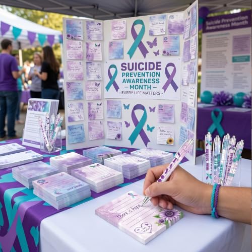 Zaamwoyy 24 Pcs Suicide Prevention Awareness Set, Retractable Ballpoint Pens with Teal and Purple Ribbon & Sticky Notes, Inspirational Mental Health Gift for Depressed People Teachers School - Image 6