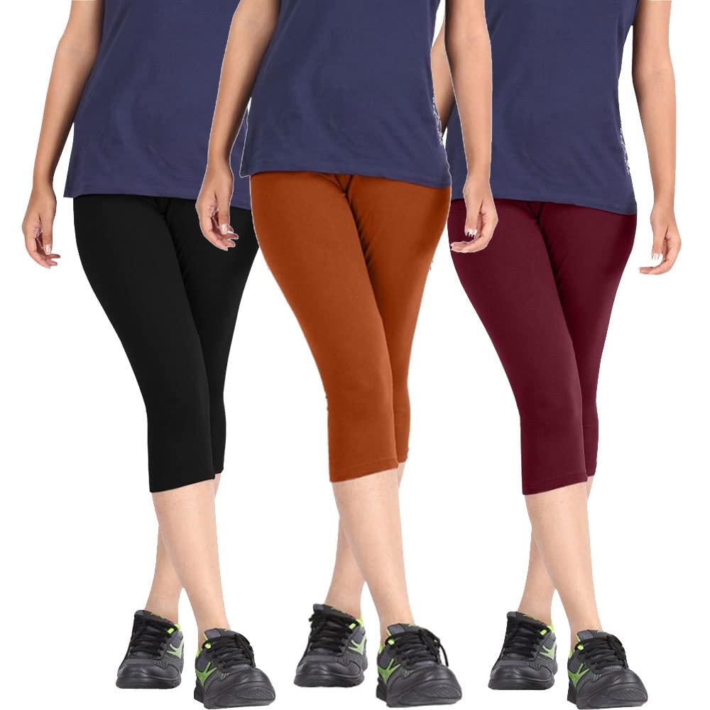 pixie fashion Biowashed Cotton Stretchable Capri Legging Combo Pack of 3 for Women/Girls/Ladies (Black, Brown and Maroon) - Free Size-picture-52