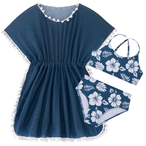 Image of Goodstoworld 7-12Y Girls 3 Piece Cover Up Swimsuit Hawaiian Bikini Bathing Suit with Pompom Tassel