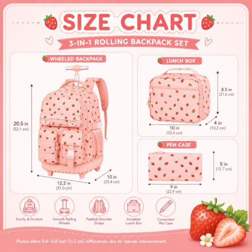 Image of CCJPX Rolling Backpack for Girls, 3Pcs Roller Wheeled School Bookbag, Strawberryra Wheels Backpacks with Lunch Box for Kids (Pink)