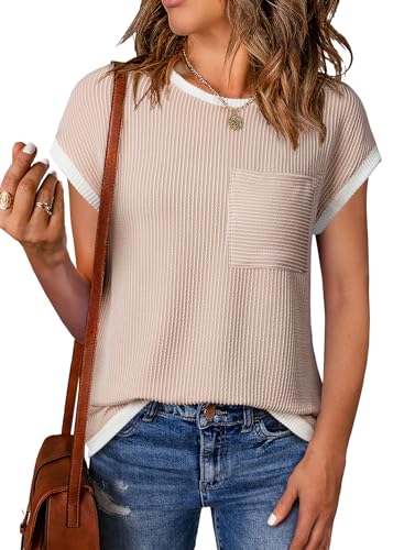 EVALESS Women's Short Sleeve T Shirts Crewneck Color Block Ribbed Knit Tee Blouses 2025 Trendy Summer Tops