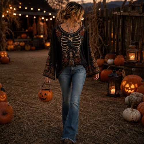 Womens Halloween Shirts Vintage Skeleton Crew Neck Bell Sleeve Shirt - image 4