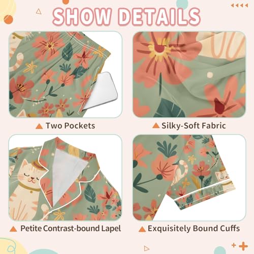 senya Cartoon Cat and Flower A Satin Summer Pajama Sets Silk Short Sleeve Button Down Sleepwear3