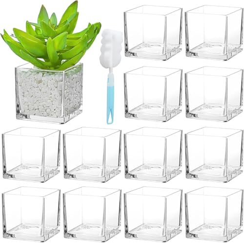 12 Pack Square Glass Vases, 3” x 3” Clear Cube Flower Vases Cube Candle Holder with Sponge Brush for Wedding Centerpieces Home Decor Events