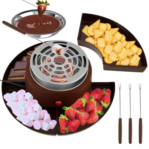 Máquina para Hacer Smores 2 en 1, Juego de Fondue de Chocolate de Mesa para Interiores con 10 Accesorios, Placa Calefactora Grande de 30 Cm, Máquina para Hacer Postres de Mesa para Fiestas