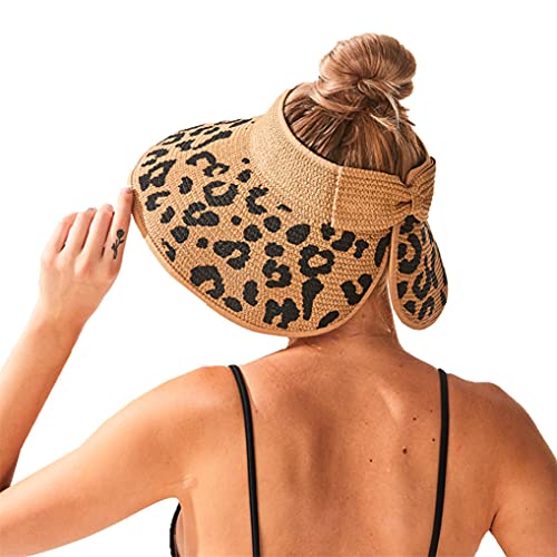 Swhledye Women Leopard Bow Sun Visors Wide Brim Straw Roll Up Ponytail Summer Beach Travel Uv Hats (Leopard/Brown) #TOP2