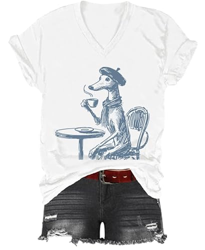 Whippet Shirt, Classic Graphic Print Women Men V-Neck Tshirt White
