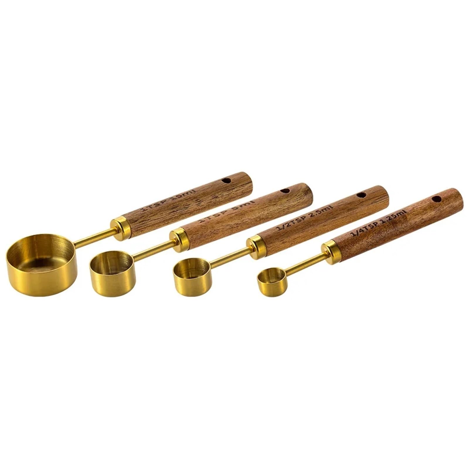 8 Stück Messbecher Löffel aus Edelstahl | Goldfarbener Holzgriff, Backutensilien, Kaffee-Barkeeper-Skala, Küchenzubehör-Set