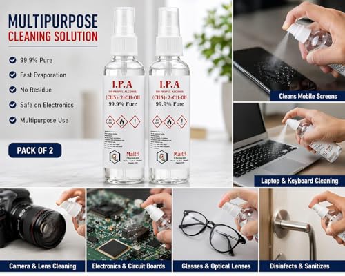 Image of IPA Iso-Propyl Alcohol 99.9% Pure | Multipurpose Cleaning, Lab, Electronics & Medical Use (100ml, Pack of 2)