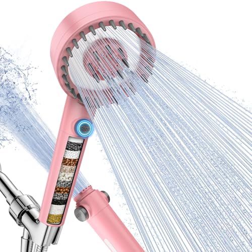 PWERAN Filtered Shower Head with Handheld High Pressure 4 Spray Mode Showerhead with Filters Water Softener Beads for Hard Water with ON/OFF Switch for Pets - Remove Chlorine (Pink 5 Inch Panel)