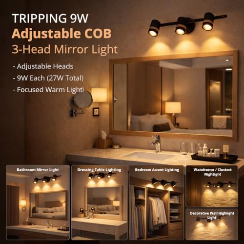 Image of TRIPPING 9watt Warm White Light Color Adjustable 3-Head LED Wall Lamp - Black & Gold Metal Body Focus Spot Light for Dressing Table, Mirror & Accent Walls (43x15x9 cm)
