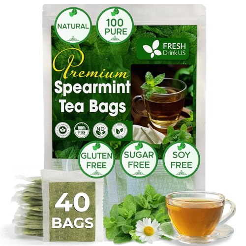 Image of FreshDrinkUS, Premium 40 Spearmint Tea Bags, 100% Natural Spearmint Leaves. Loose Leaf Spearmint Herbal Tea. Spearmint Leaf Tea. No Sugar, No Caffeine, No Gluten, Vegan.