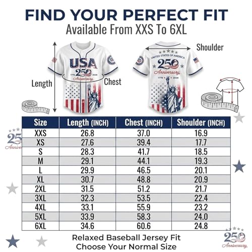 Camiseta de béisbol patriótica de aniversario 250 de USA con estampado Estatua de la Libertad y bandera, botones, talla X-Large miniatura 7