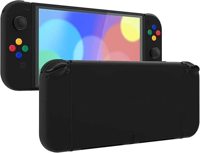 eXtremeRate Czarny Soft Touch Full Set Shell dla Nintendo Switch OLED, Wymiana Tylna Płyta Konsoli i Metalowa Podpórka, NS Joycon Handheld Kontrolera Housing & Buttons dla Switch OLED