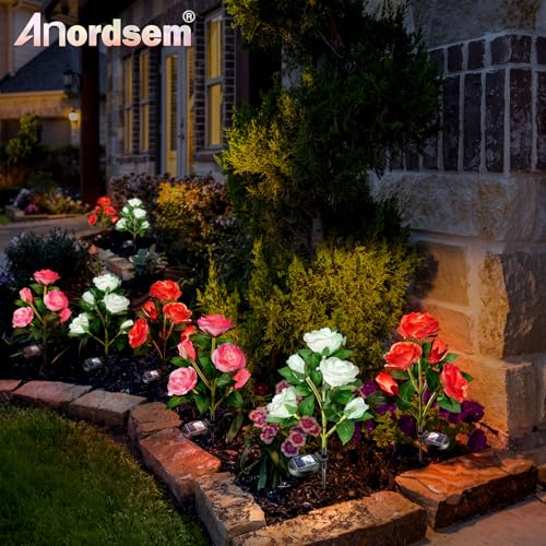Image of Anordsem Solar Garden Lights Outdoor: 20 Waterproof Fabric Roses 4 Pack - Red LED Flower Decorations for Yard Patio Path Cemetery Grave - Mother's Day Gift for Her Women Mom Wife