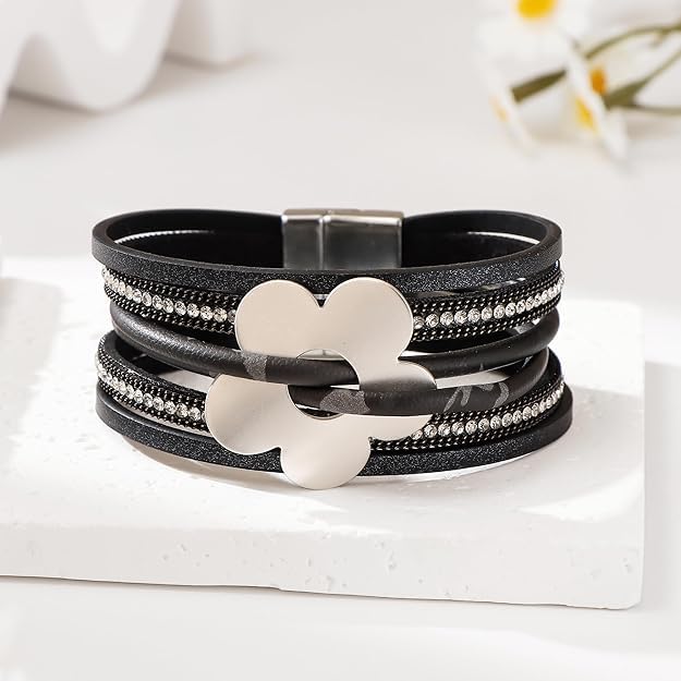 Flower Charm Wrap PU Leather Bracelet for Women Lady Trendy Multi-Layer Cuff Bracelet Handmade Bracelets Jewelry - Image 3