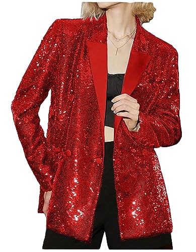 Women's Double Breasted Sequins Blazer Notch Lapel Loose Style Jacket with Long Sleeves Prom Coat