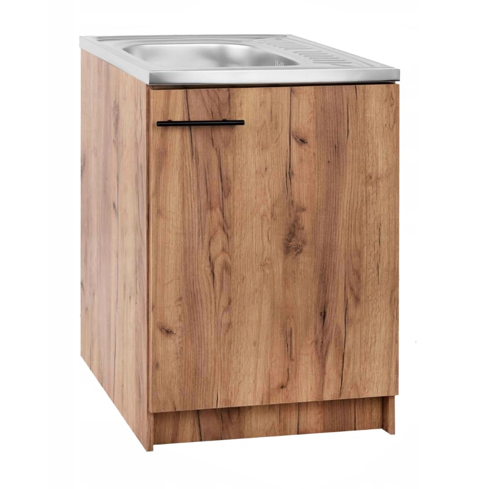 Lavello da cucina con mobiletto da 60 cm, in rovere dorato, 1 camera e acciaio inox, compatto per cucina, armadietto da pavimento 50 cm di profondità, pronto da montare