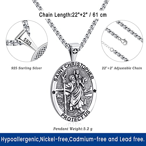 St Christopher Necklace 925 Sterling Silver St Christopher Medal For Men Saint Christopher Necklace For Women Oval St. Christopher Pendant Male St Christopher Medal Metal 24 Inch Chain Female Womens Saint Christopher Medallion #TOP2
