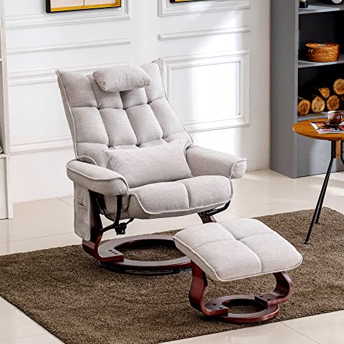 Mcombo Swivel Recliner With Ottoman, Massage Tv Chairs With Neck Pillow And Side Pocket For Living Reading Room, Chenille Fabric 4188 (Beige) #TOP1
