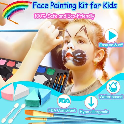 Chennyfun Face Paints Kit for Children, 18 Colors Face Painting Kit Make Up Set for Boys Girls, Washable with Hair Chalk, Glitter, Stencil, Tattoo for Kids for Carnival Halloween Party - Image 3