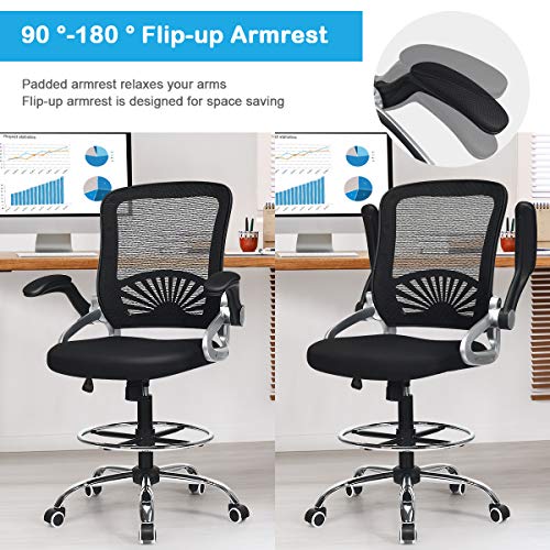 Giantex Mesh Drafting Chair, Standing Desk Stool With Lumbar Support, Adjustable Counter Height Office Chair W/Flip Up Arms & Footrest Ring, Sit Stand Chair Tall Office Chair #TOP2