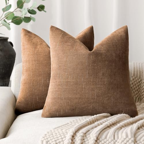 Image of Foindtower Pack of 2 Soft Textured Chenille Throw Decorative Pillow Covers Square Accent Solid Cushion Cover Cozy Farmhouse Pillow Case with Zippe for Couch Sofa Bed Living Room 16x16 Inch, Bronze