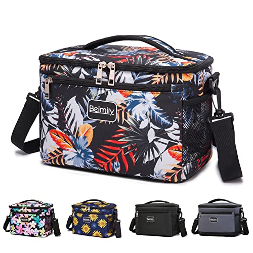 BEIMILY Insulated Lunch Bag for Women men, Soft cooler bag,Reusable Lunch Box for Work,Leakproof Cooler Tote Bag with Adjustable Shoulder Strap lunchbox for adults Black Floral