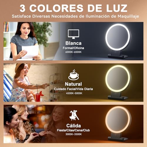 Espejo maquillaje con luz led recargable 2000mAh y aumento 30X 4