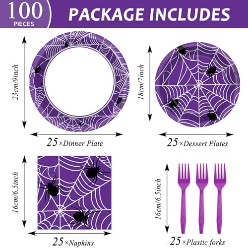 Image of Qyeahkj 100 Pcs Halloween Birthday Party Supplies Paper Plates and Napkins Set Disposable Spider Web Tableware Decorations for Halloween Theme Baby Shower Serves 25