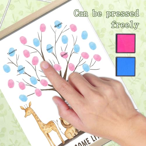 Image of QZCYU Gender Reveal Party Decorations, Gender Reveal Fingerprint Tree with Safari Animals, Baby Shower Guest Book, Canvas Thumbprint Hanging Paintings