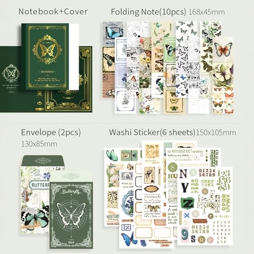 Image of yifely Paper Vintage Aesthetic Scrapbook Kit Scrapbooking Supplies Kit with Bullet Junk Journal,Stationery,A6 Grid Notebook with Graph Ruled Page DIY Journaling Gift for (Forest Legend)