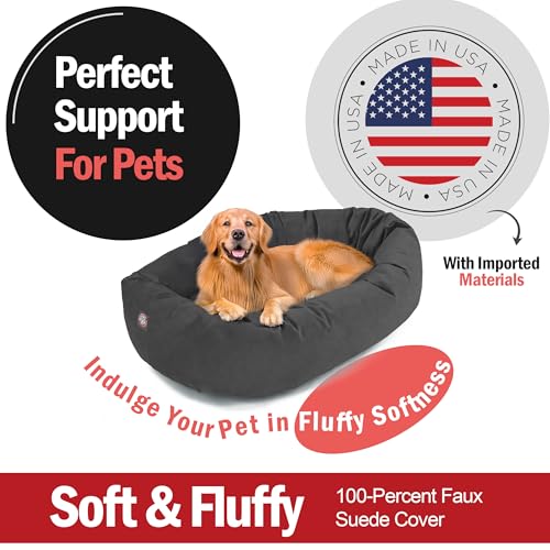 Image of Majestic Pet Suede Shredded Memory Foam Mix Calming Dog Bed Washable - Cozy Soft Round Dog Bed with Spine for Head Support - Fluffy Donut Dog Bed, 40 Inch, Gray