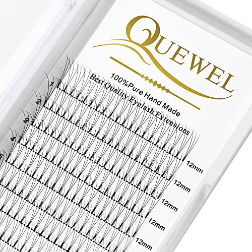 QUEWEL Premade Lash Fans, 3D Premade Fans Eyelash Extensions 0.10mm Thickness C Curl 12mm Volume Lash Extensions Short Stem Pre Made Fans Eyelash Extensions(3D 0.10C 12mm)