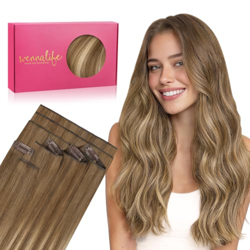 Image of WENNALIFE Invisible Edge Seamless Clip in Hair Extensions Real Human Hair | 22'' 150g 7pcs Balayage Chestnut Brown Mixed Dirty Blonde. Thin PU Weft, Easy, Comfortable Clip in Remy Hair Extensions