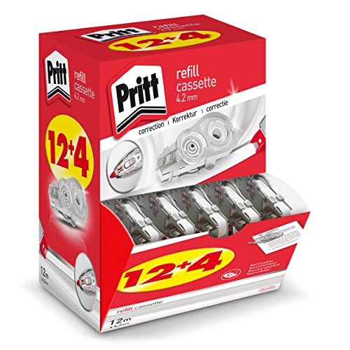 Pritt Nachfüllkassetten für Korrekturroller Refill Flex Roller Midway, 12 + 4 Kassetten im Display, Breite 4,2mm, Länge 12m, flexible und einziehbare Spitze, 9H PRX4M