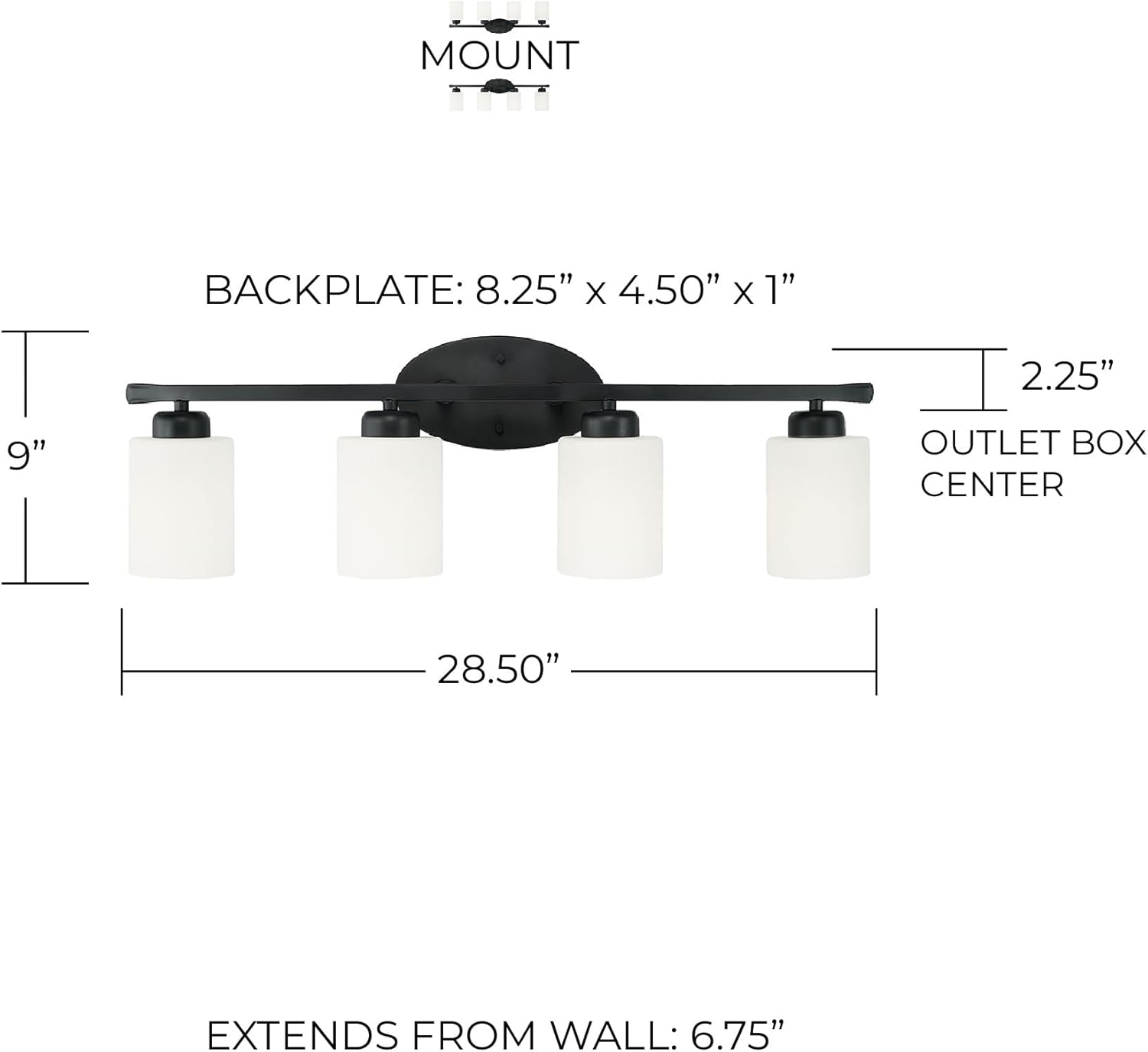 HomePlace by Capital Lighting 115241MB-338 Dixon Modern Soft White Glass Bathroom Vanity Wall Light, 4-Light 400 Total Watts, 9" H x 29" W, Matte Black