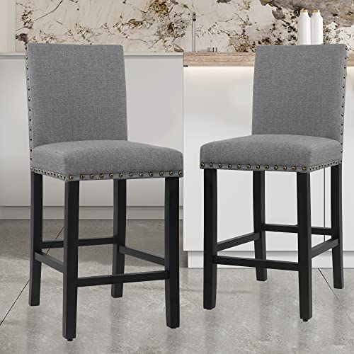 Thksbought Set Of 2 Bar Stools Nail Head Decoration 24 Inch Soft Cushions With Solid Wood Legs(Gray) #TOP1
