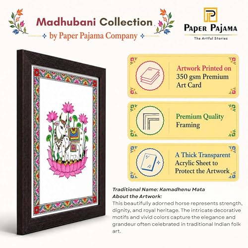 Image of PAPER PAJAMA Vastu Kamdhenu Cow and Calf Wall Art for Living Room | Madhubani Sacred Cow Painting with Lotus | Traditional Mithila Framed Decor for Home, Office & Pooja Room (10x13 Inches)