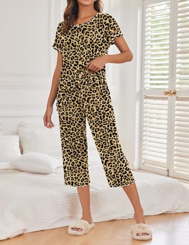 Image of Ekouaer 2 Pack Womens Pajamas Sets Short Sleeve Tops and Capri Pants Pjs Colorful Printed Sleepwear Sets
