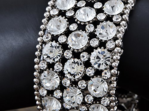 Alilang Silvery Tone Shiny Clear Crystal Rhinestones Flower Stretch Bridal Cuff Bangle Bracelet4