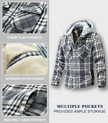 Image of LOUECHY Men's Fleece Lined Flannel Shirt Jacket Plaid Button Down Shirts Jacket with Removable Hood